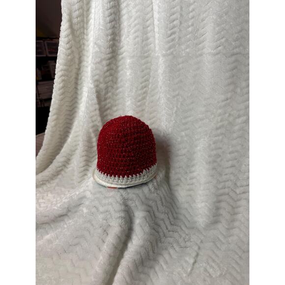 Crochet Beanie newborn - 6 months, red, white, and ribbon accented hat. Handmade - Picture 3 of 7